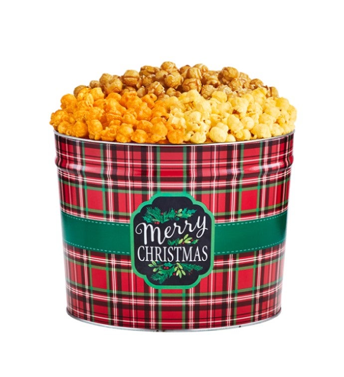 Merry Christmas Plaid 2 Gallon 3 Flavor Popcorn Tin